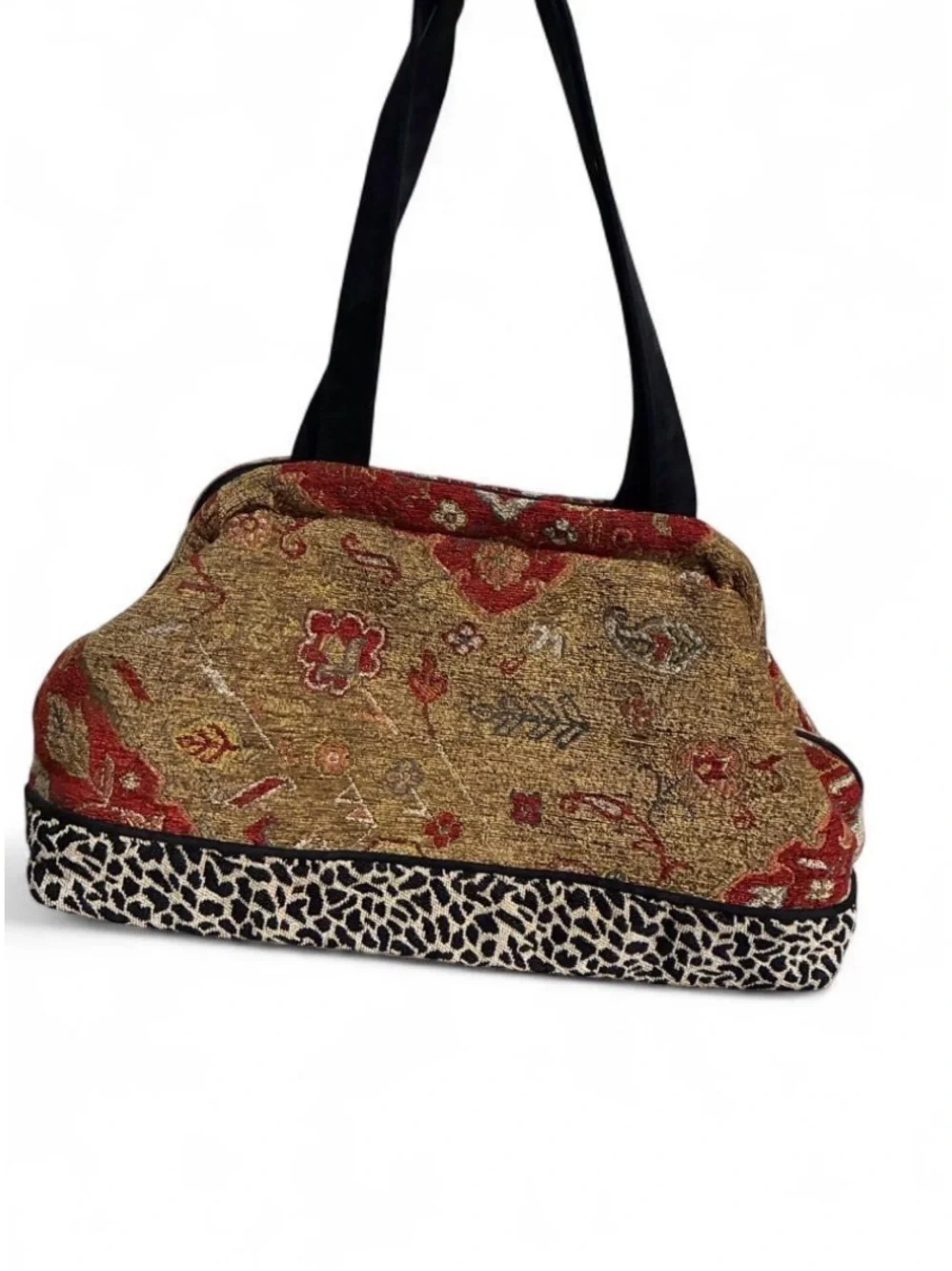 Tapestry-Style Red & Gold Shoulder Bag with Leopard Accent